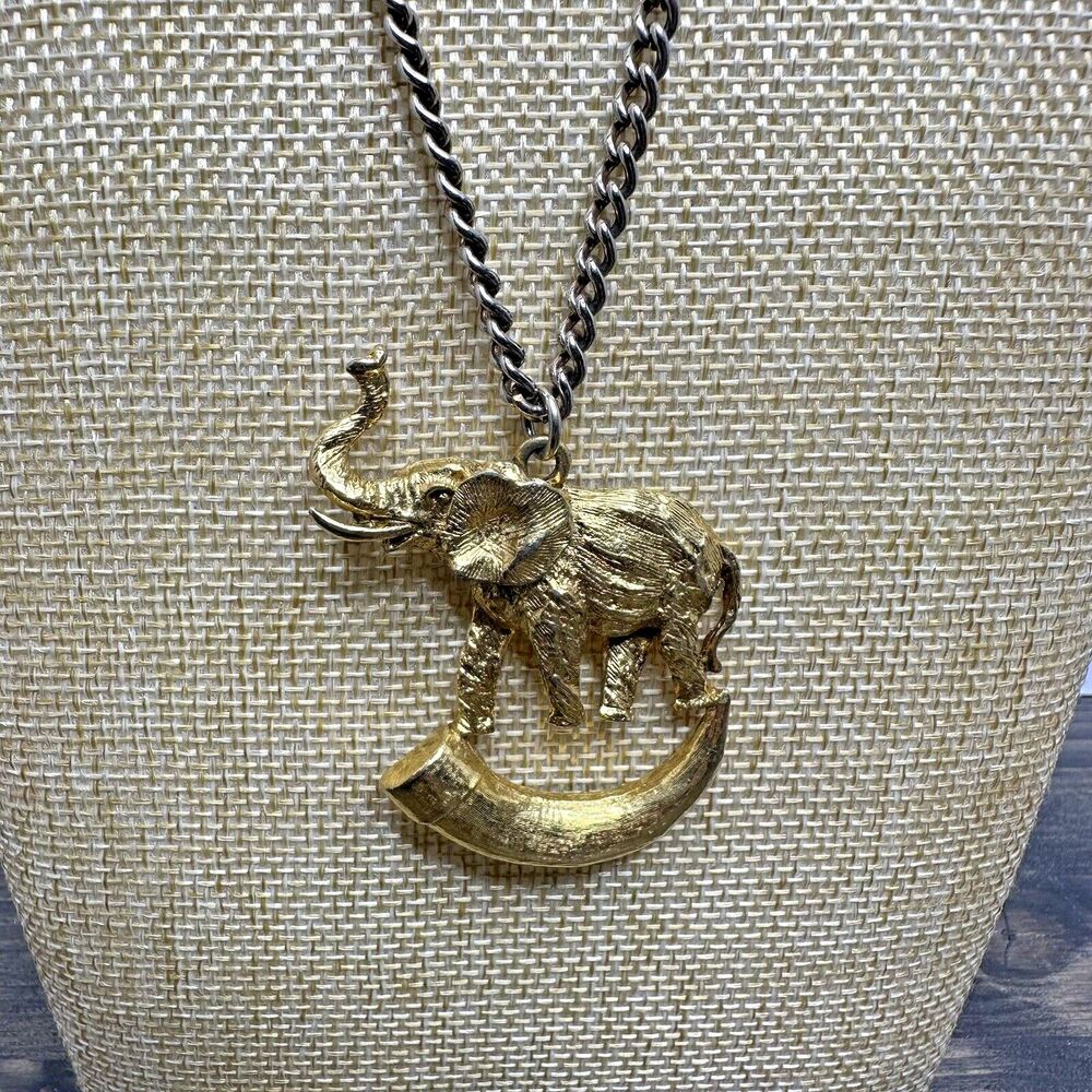 Vintage Elephant on Tusk Necklace Gold Tone‎ Large Pendant Safari Estate Find